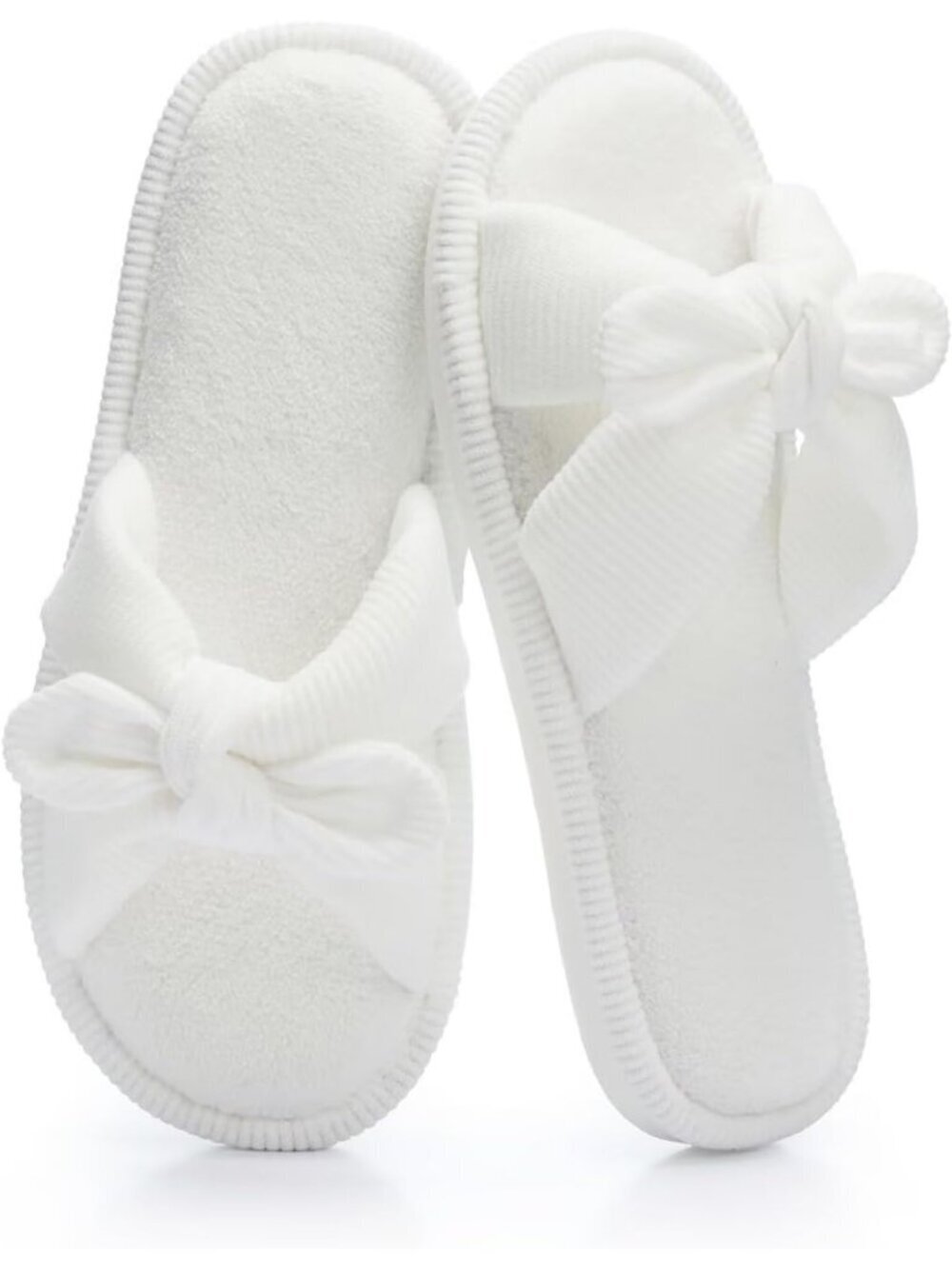 Women's White Memory Foam Indoor Corduroy Crossband Open Toe Bow Slipper Shoes